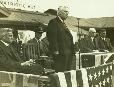 Walter Nash addressing an (out of frame) gathering in Garden Place Image: Walter Nash addressing an (out of frame) gathering in Garden Place