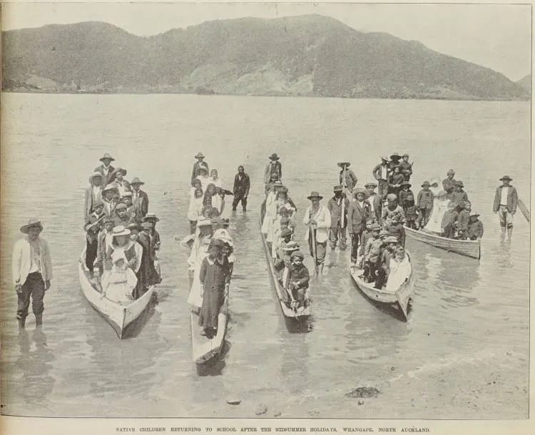 Native children returning to school after the midsummer holidays, Whangape, North Auckland