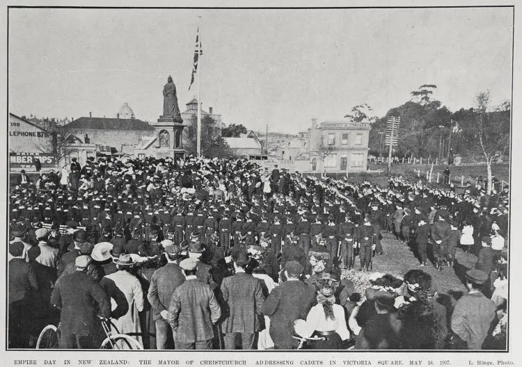 EMPIRE DAY IN NEW ZEALAND: THE MAYOR OF CHRISTCHURCH ADDRESSING CADETS IN VICTORIA SQUARE, MAY 24, 1907