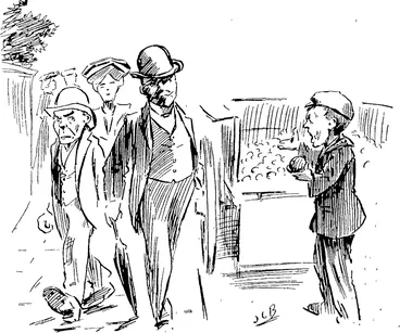 Image: RIVALRY IN THE FRUIT TRADE, , '  The Orange Boy: 'Ere y'are! 'ere y'aie! Eight for a shilling. ' If yer mys 'em off the bloomtn1 Chow yer gets 13 and a dose er leprosy thrown in. (New Zealand Free Lance, 01 August 1903)