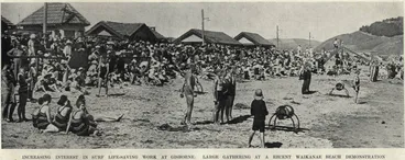 Image: Increasing interest in surf life-saving work at Gisborne: large gathering at a recent Waikanae Beach demonstration