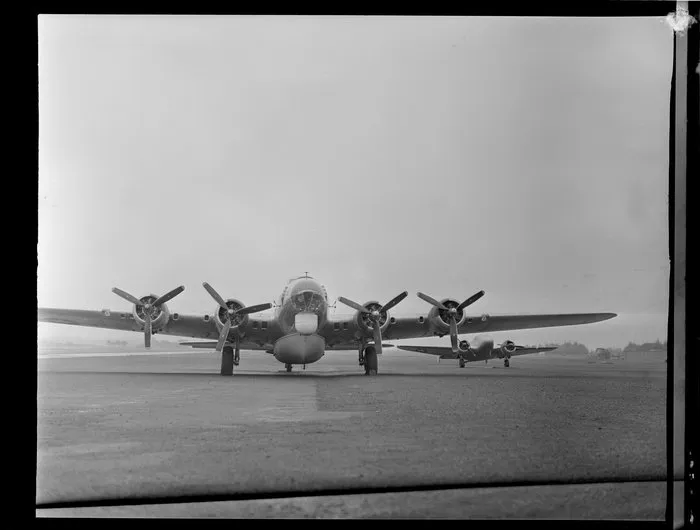 Flying Fortress aircraft and Beechcraft at Whenuapai Airport before flying to Japan