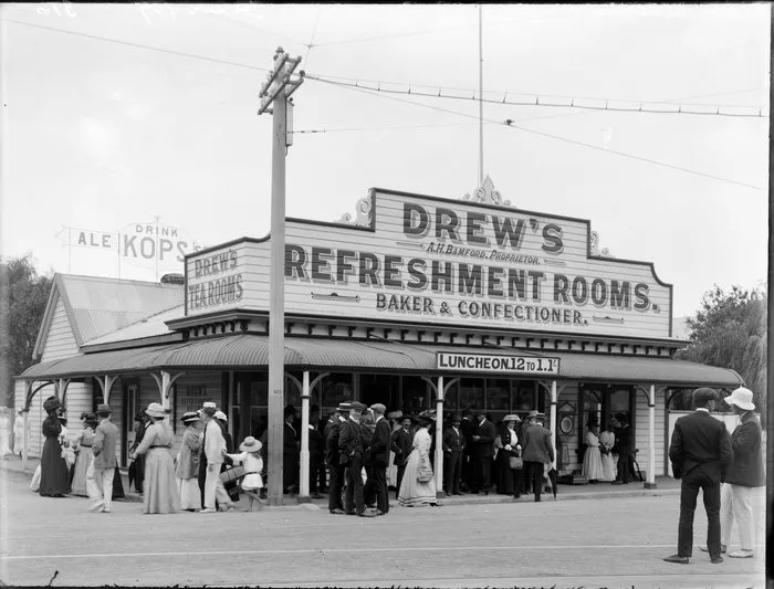Exterior of Drew's Refreshment Rooms, baker & confectioner, A H Bamford, proprietor, Christchurch