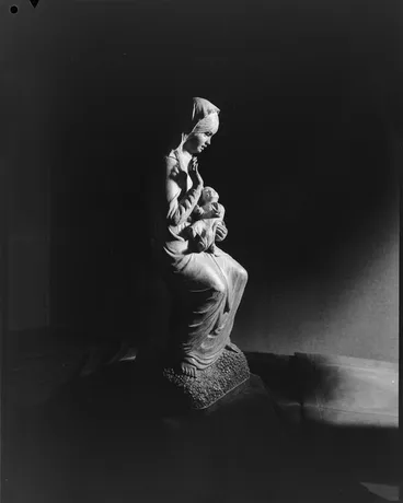 Image: Wooden sculpture by James Gawn, of Mary and the Christ Child