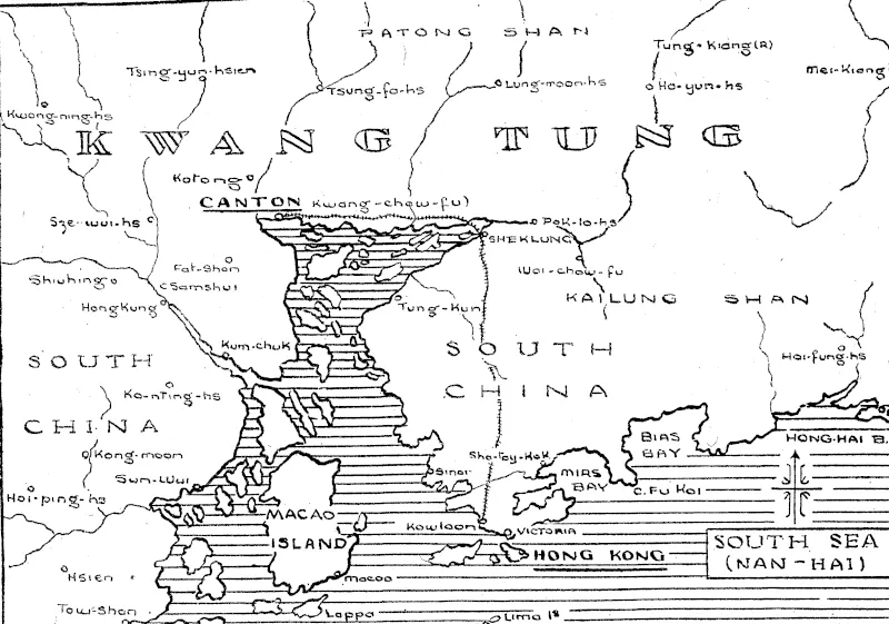 Map showing the area now occupied by Japanese troops when they advanced on Canton. (Evening Post, 22 October 1938)