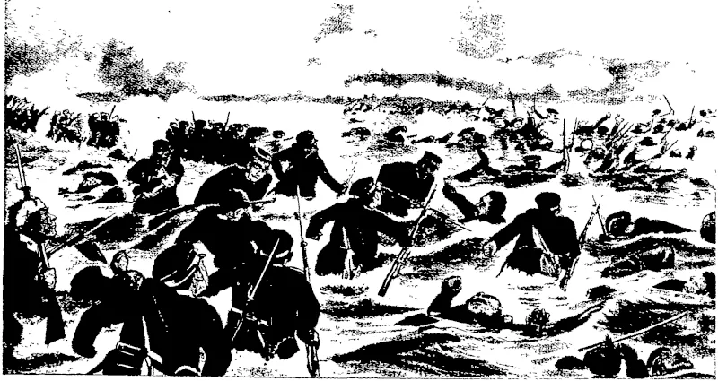THE; RUSSO-JAPANESE WAR: AN INCIDENT OF THE BATTLE OF NANSHAJN At tihe action at Nanshan, some of the Russians tried to escape by crossing an inlet of the sea A desperate encounter followed, anrl nearly all the Russians who made the attempt were dostr. yed by the Japanese. (Otago Witness, 05 October 1904)