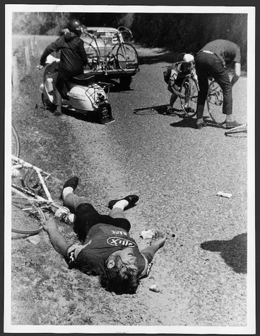 Image: Cyclist Paul Mathews lying on the Paekakariki Hill Road after an accident