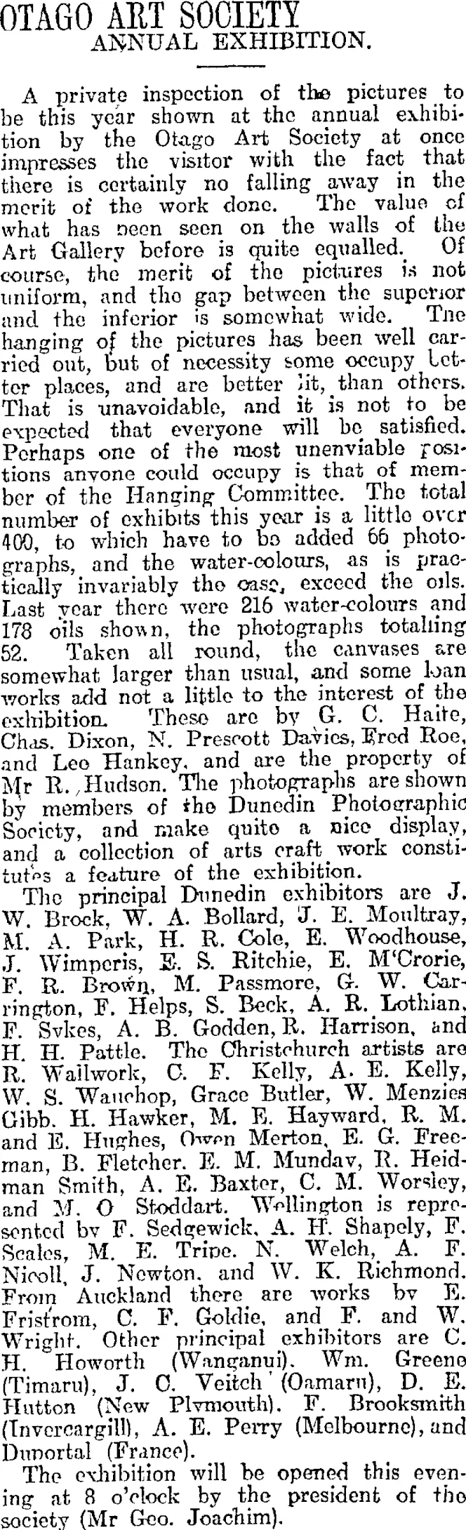 OTAGO ART SOCIETY (Otago Daily Times 13-11-1916)