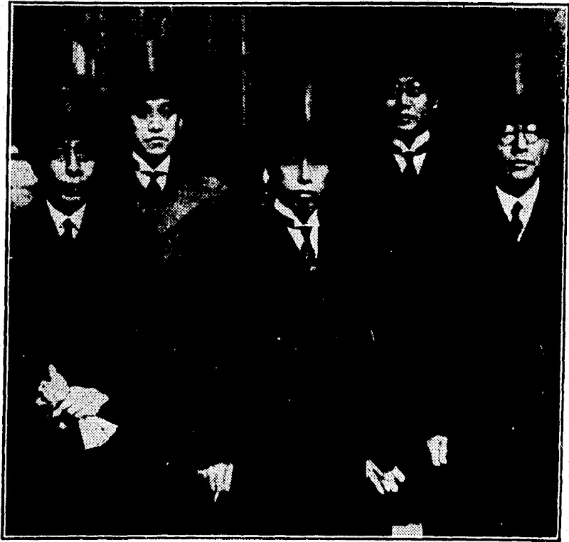 Sport and General" Thotu. JAPANESE NAVAL DELEGATES IN LONDON.—From left. Captain Oka, Air. J. Enomoto, Admiral I.' Yamamoto, Commander T. Mitunobu, and Captain Iwashita, members oj the special Japanese delegation which is visiting London to discuss naval matters. (Evening Post, 06 December 1934)
