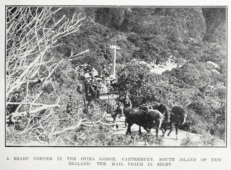 A sharp corner in the Otira Gorge, Canterbury, South Island of New Zealand: the mail coach in sight