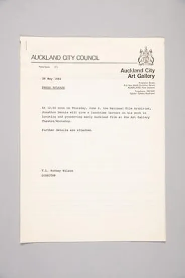 Image: [Press Release for Lunchtime Lecture by Jonathon Dennis, Auckland City Art Gallery Theatre/Workshop, 29 May 1981]