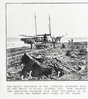 Image: The recent stranding of the auxiliary schooner Echo on the beach at Wairoa, Hawke's Bay
