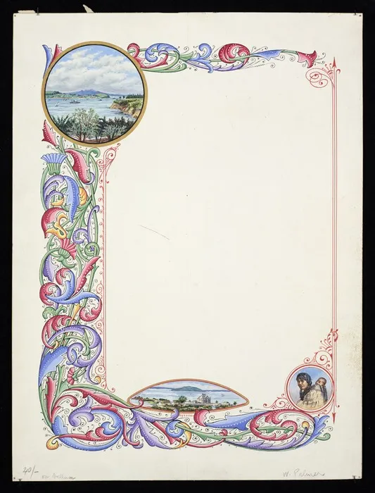 [Palmer, Charles?], 1841?-1928 :[Decorative border of leaf design with scenic vignettes. 1900-1929?]