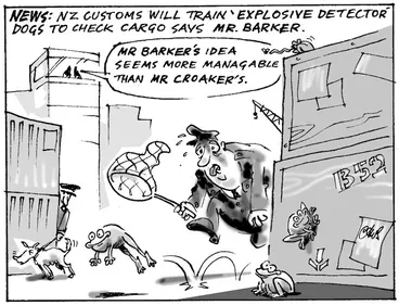 Image: Smith, Ashley W., 1948- :News. NZ Customs will train 'explosive detector' dogs to check cargo says Mr. Barker. New Zealand Shipping Gazette, 8 February 2003.
