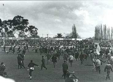 Image: "Protestors on the field at Rugby Park" - 1981 Springbok Tour