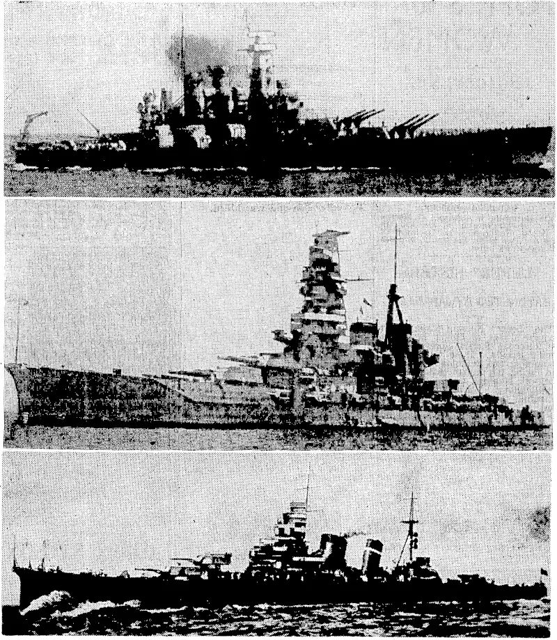 Types of warships which took part in the Solomon Islands battle. Top, a United States battleship of the South Dakota class, with 16in guns, one of America's newest types. Admiral Nimitz said that the navy's faith in battleships ivas justified in this battle, in which they were used by both sides. Centre, a Japanese battleship of the Kongo class, armed with 14in guns. Below, a Japanese heavy cruiser, three of which class sivere sunk during the battle. (Evening Post, 18 November 1942)