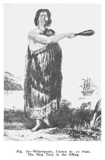 Fig. 10—Wharepouri, Cousin to Te Puni. The Ship Tory in the Offing. Figs. 9 and 10 are reproductions of photos by Mr. Hapi Love, Junior, from the Original Paintings by Mr. C. D. Barraud (1861) hanging in Mr. Hapi Love's Maori Hall in his house (Taumata...