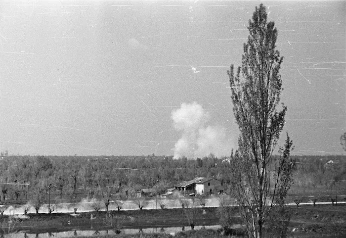 Kaye, George, 1914- : Shells fired by the 28th (Maori) Battalion landing on enemy positions in the Senio River sector towards Cotignola