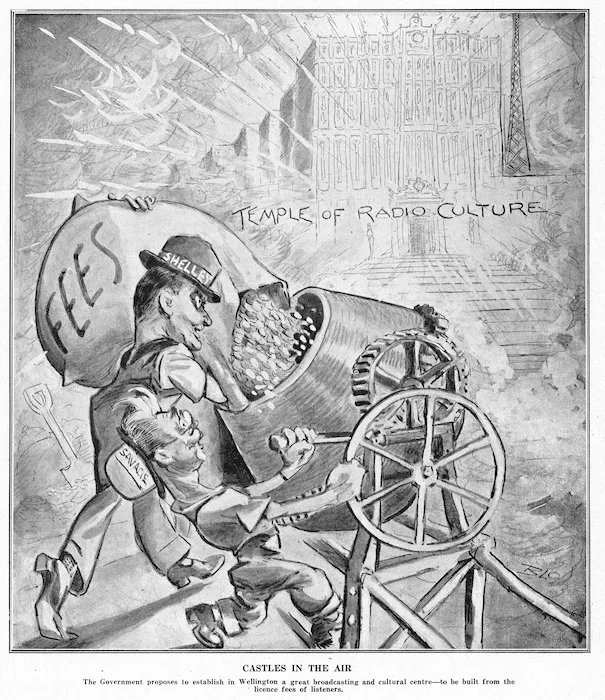 Blomfield, William, 1866-1938 :Castles in the air. New Zealand Observer, 4 February 1937 (front page).