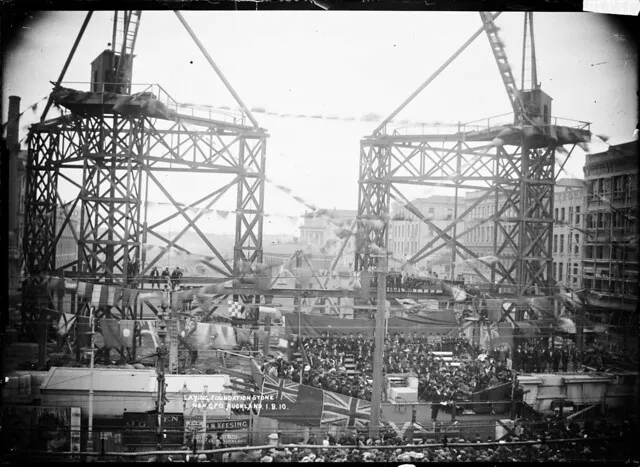 Construction site of the new General Post Office, Auckland, and foundation stone ceremony
