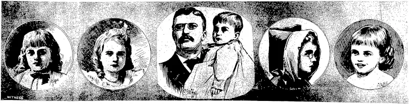 THE CROWN PRINCE OP JAPAN AND HIS TWO CHILDREN.  Archibald. q EtheL  PRESIDENT ROOSEVELT AND HIS FAMILY. Theodore Junior as a Monk.  Baby Quentin. (Otago Witness, 06 September 1905)