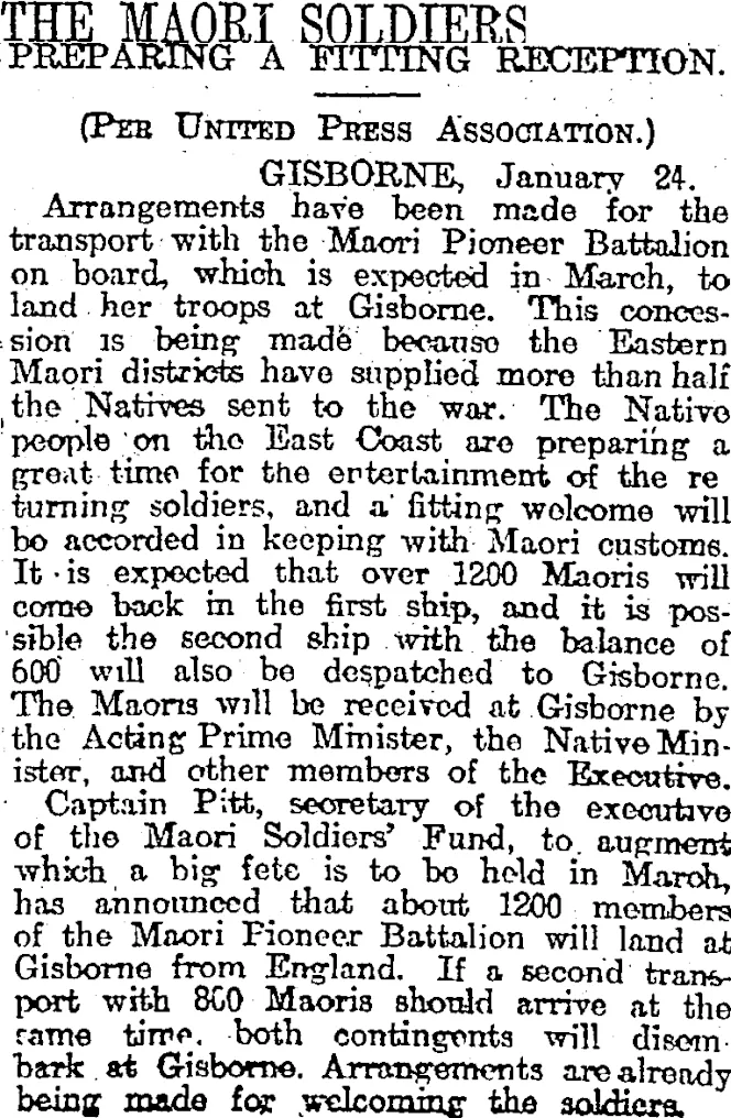 THE MAORI SOLDIERS (Otago Daily Times 25-1-1919)