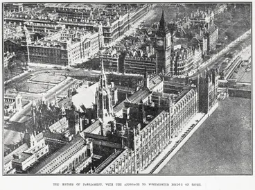 Image: The Houses of Parliament, with the approach to Westminster Bridge on right