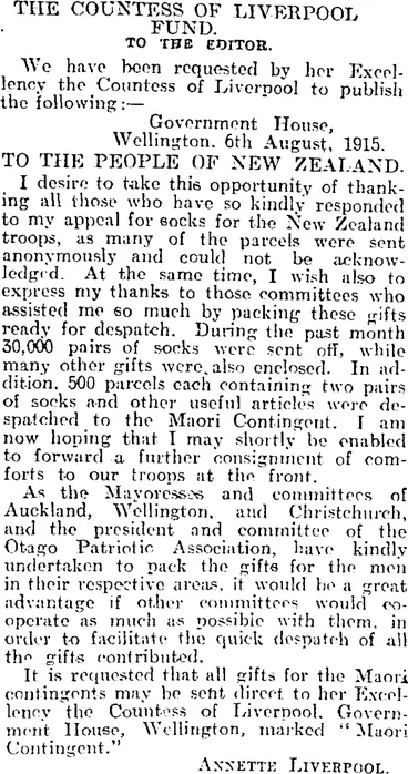 Image: THE COUNTESS OF LIVERPOOL FUND. (Otago Daily Times 9-8-1915)