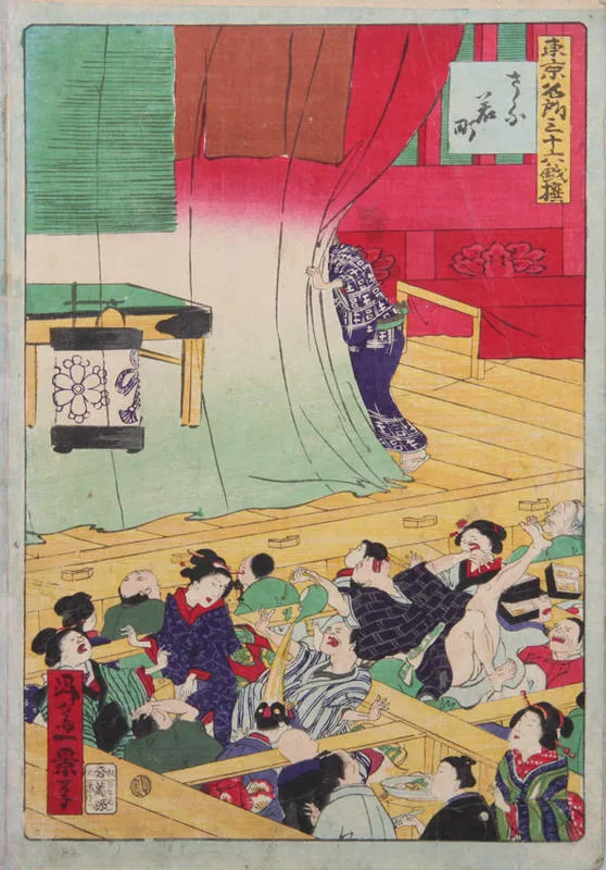 Diner spills tea on party in next booth, curtain is opened on stage