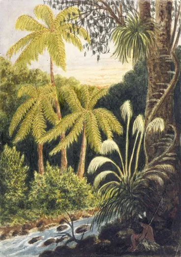 Image: Gold, Charles Emilius 1809-1871 :[Bush scene, N.Z. with stream, Maori with spear hidden in shade, pungas, toitoi and rimu. 1846-50s]