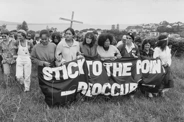 Image: Protestors with banner 'Stick to the Point Reoccupy'. Orakei Bastion Point Occupation