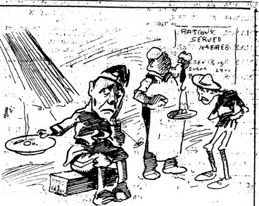 Image: His first rations;, " I suppose you think-it's a feast, but I call it a  famine." (Observer, 09 April 1904)