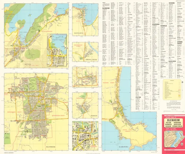Street map of Blenheim, Picton, Kaikoura, Renwick, Havelock, Seddon, Spring Creek, scale 1:15 000 (1 cm to 150 metres)