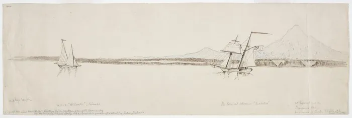 Woore, Thomas, 1804-1878: H.M.S. Alligator [and] the colonial schooner Isabella. Mount Egmont and the Rumima Pa. Sept. 12th, 1834. Copied 1932