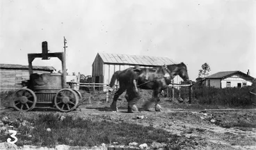 Image: Clydesdale horse pulling a cart of molten iron, Onekaka