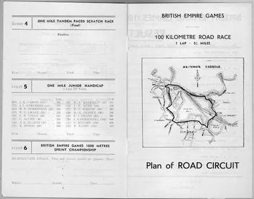 Image: British Empire Games, Auckland, New Zealand, 1950 :One mile tandem paced scratch race, One mile junior handicap [and] 100 kilometre road race, 1 lap = 5 1/4 miles; plan of road circuit. [Cycling Road Race, Monday, 6th February at Parnell; Track cycling, Tuesday 7th February at Western Springs Stadium. Official programme. 1950. Pages 6-7].