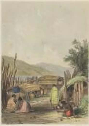 Image: Court-yard in Pipitea Pa at Wellington, drawn by Captain W. Mein Smith; Hiko the son of Te Pehi Kupe (Tupai Kupa), drawn by Chas. Heaphy [picture] /