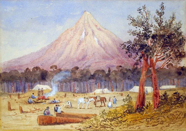 "Camping Ground Egmont Rd. Evening before Ascent of Mt Egmont 27 March [sic] 1890."
