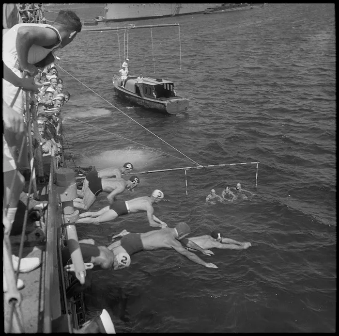 Crew members of HMS Leander playing water polo in Alexandria Harbour - Photograph taken by M D Elias