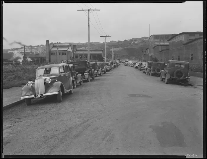Cars parked outside General Motors plant in Petone, Wellington