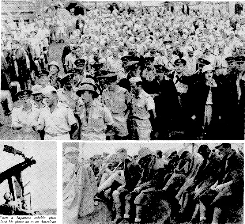 When a Japanese suicide pilot dived his plane on to an American warship, one of the plane's machine-guns was torn from its mounting and driven into the muzzle of this anti-aircraft gun. Sharply contrasting with the animated scenes in the cities and toivns of New Zealand ivas tlie solemnity with which YE Day ivas celebrated in the Pacific, where members of the R.N.Z.A.F. are serving. Top: A church service at Bougainville. Above: Some of the men at prayer. (Evening Post, 24 May 1945)