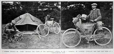 A summer holiday by 'push' bicycle: two views of the equipment carried by Mr C Barwell of Panmure, Auckland, who left last week on a North Island tour Image: A summer holiday by 'push' bicycle: two views of the equipment carried by Mr C Barwell of Panmure, Auckland, who left last week on a North Island tour