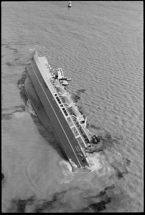 Ship Wahine on her side in Wellington Harbour