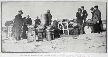 Image: Cargo from the wrecked steamer Wiltshire washed up on the Kaitoke Beach, Great Barrier Island