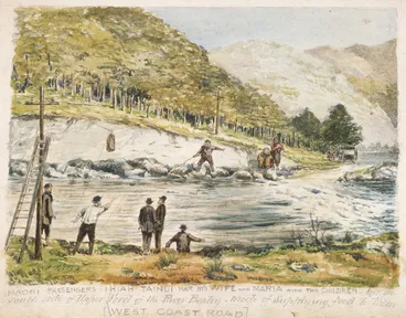 Image: [Turner, George] 1833-1911 :Maori passengers Ihiah Tainui, M. H. R., his wife and Maria with two children - left on south side of upper ford of the River Bealey - mode of supplying food to them. (West Coast Road). [ca 1880]