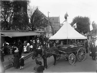 Image: Groups, patriotic bazaar, and horse with a cart, Cathedral Square, Christchurch