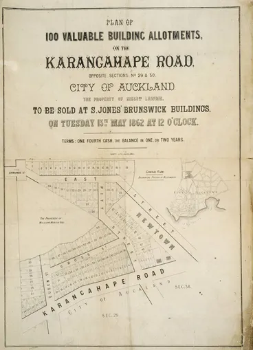 Image: Plan of 100 valuable building allotments on the Karangahape Road