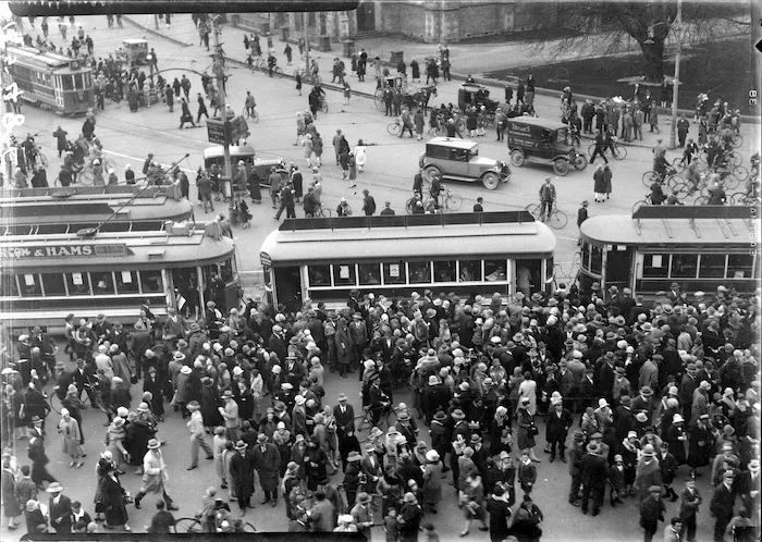 Arrival of the Southern Cross at Christchurch. Crowd scene showing trams