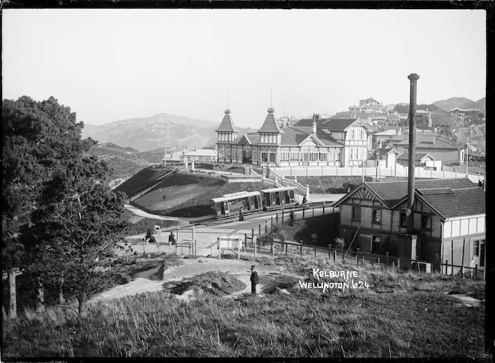 Cable car, power house and Kelburn Tea Kiosk, Kelburn, Wellington