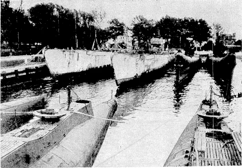 Submarines for sale. Four of the seven American submarines, all boasting outstanding Pacific war records, now on sale at Philadelphia Navy Yards. The Narwhal (left) bears symbols indicating 20 Japanese ships sunk, and next to her is the Nautilus, credited with 14 enemy vessels. (Evening Post, 22 December 1945)